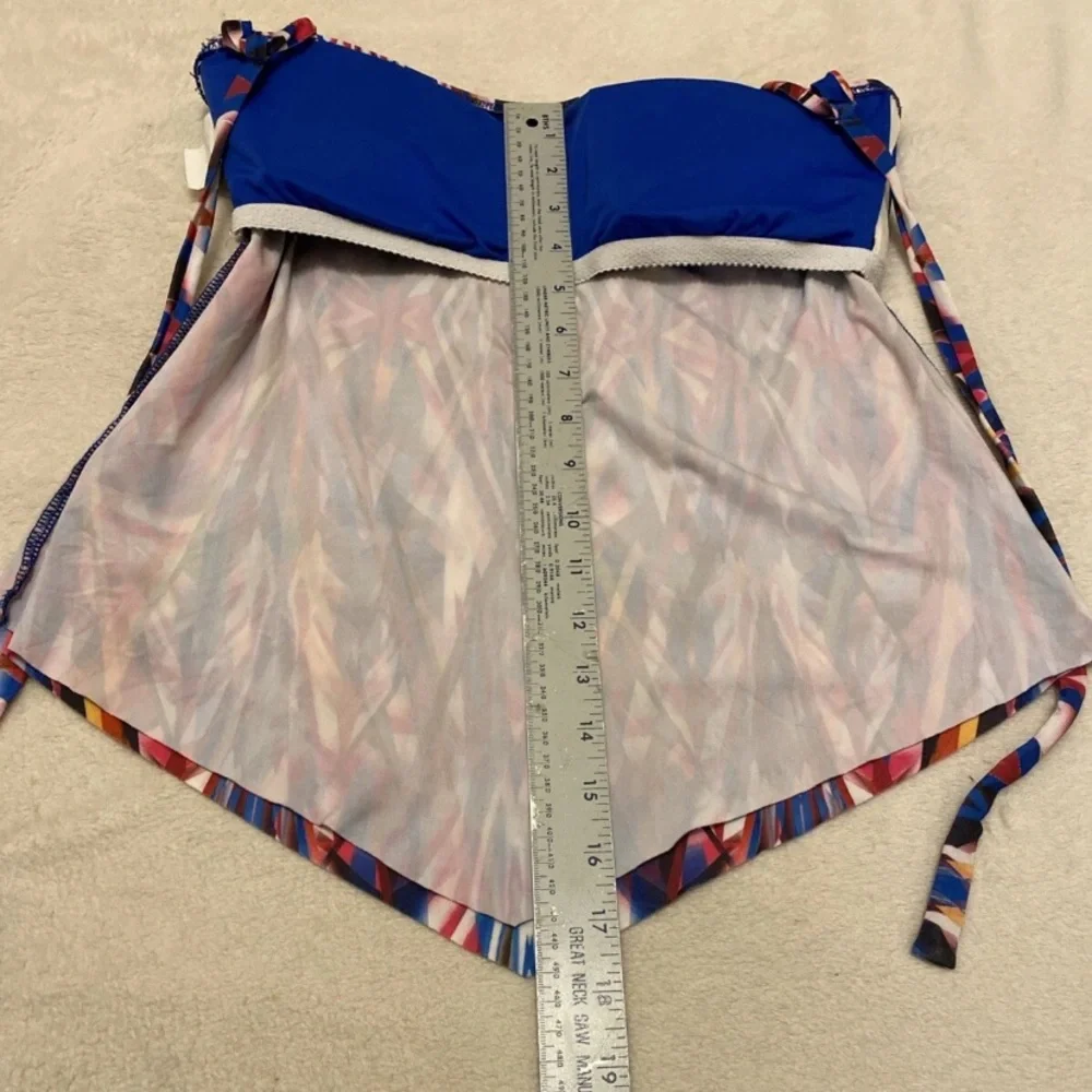 Colorful Geometric Bikini Top and Blue Shorts